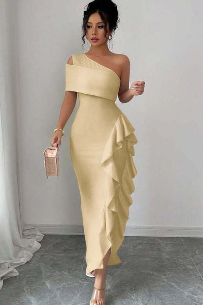 One Shoulder Sleeveless Long Split Prom Dress With Pleated Ruffles XJ0748