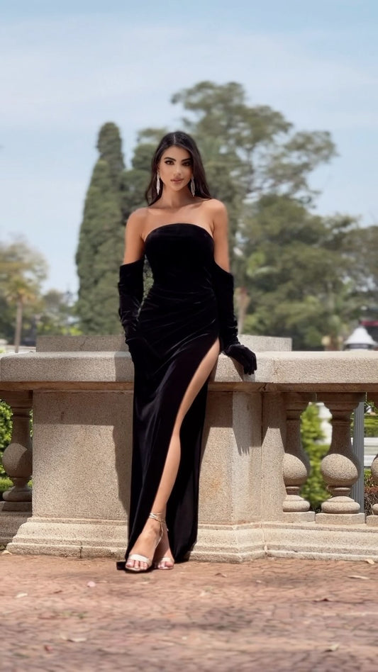 Hellodresses Black Velvet Strapless Sleeveless High Split Prom Dress With Gloves