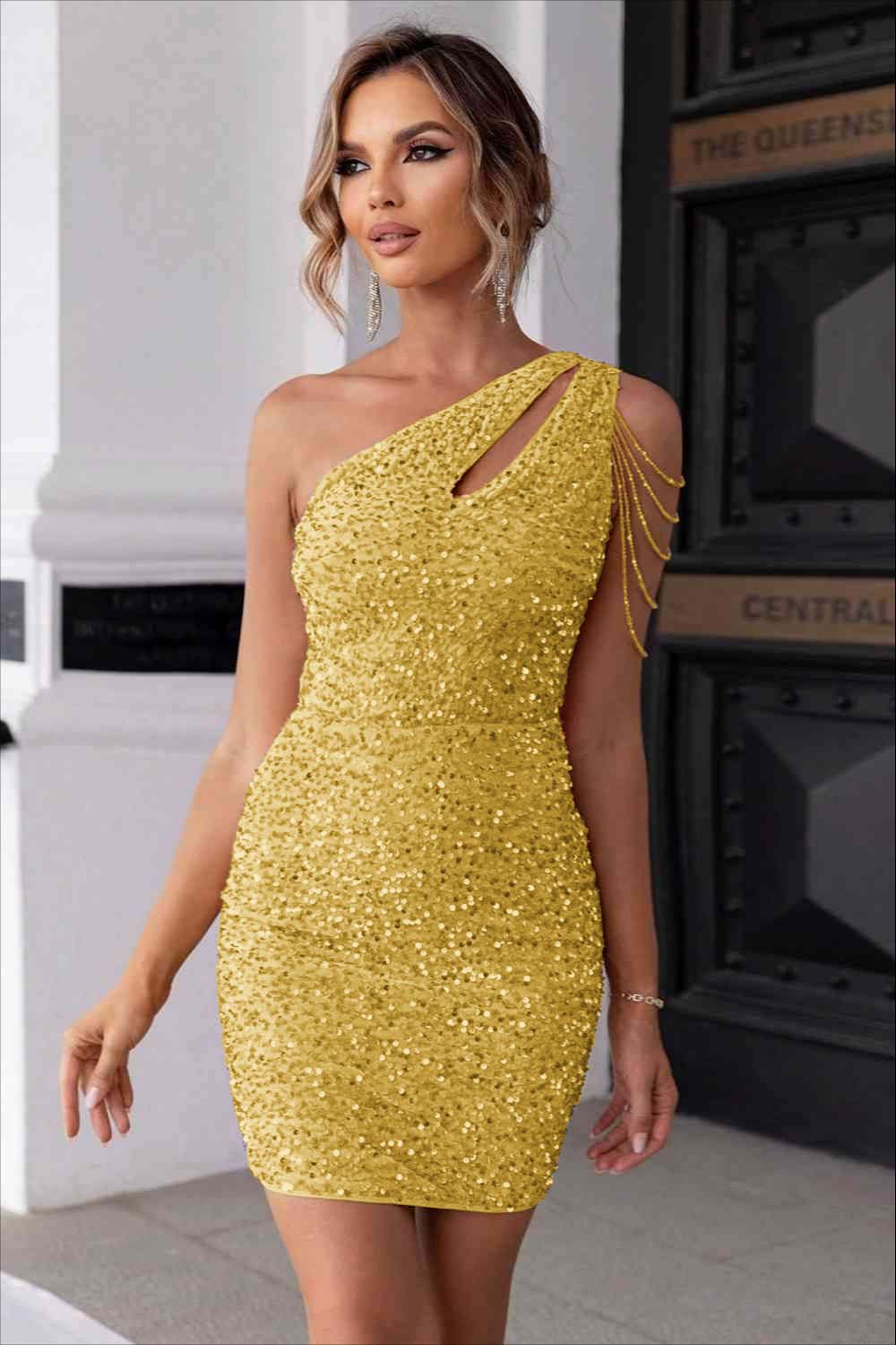 Sexy Champagne Sequins One Shoulder Short Homecoming Dress With Beadings HC0029