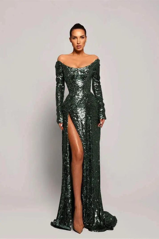 Exquiste Dark Green Sequins Strapless Long Sleeves Long Split Prom Dress with Pleated | Zelldresses