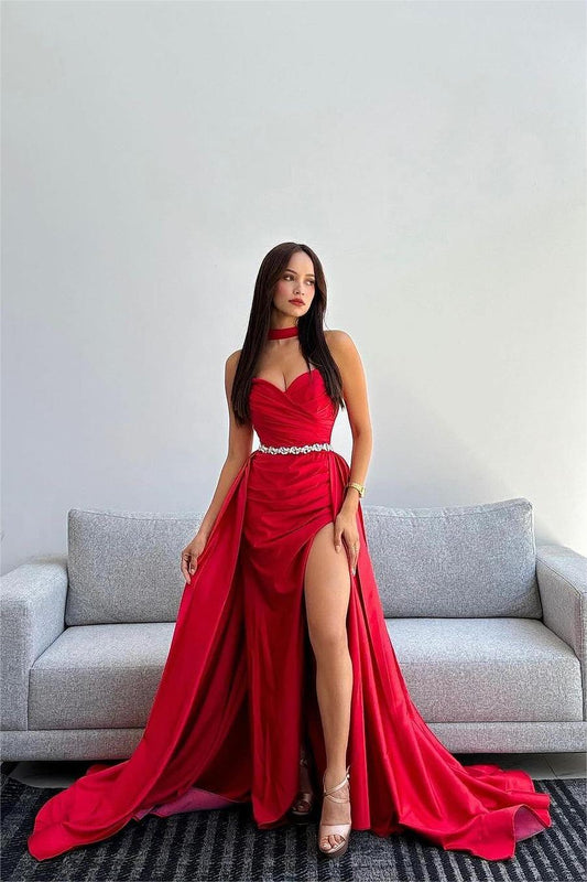 Hellodresses Black Halter Strapless Sweetheart  Sleeveless Mermaid Split Prom Dress With Gloves