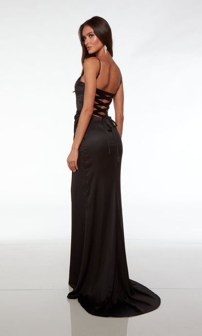 Black Prom Dress Long Plunging Neckline Straight Spaghetti Strap With High Slit YL0321
