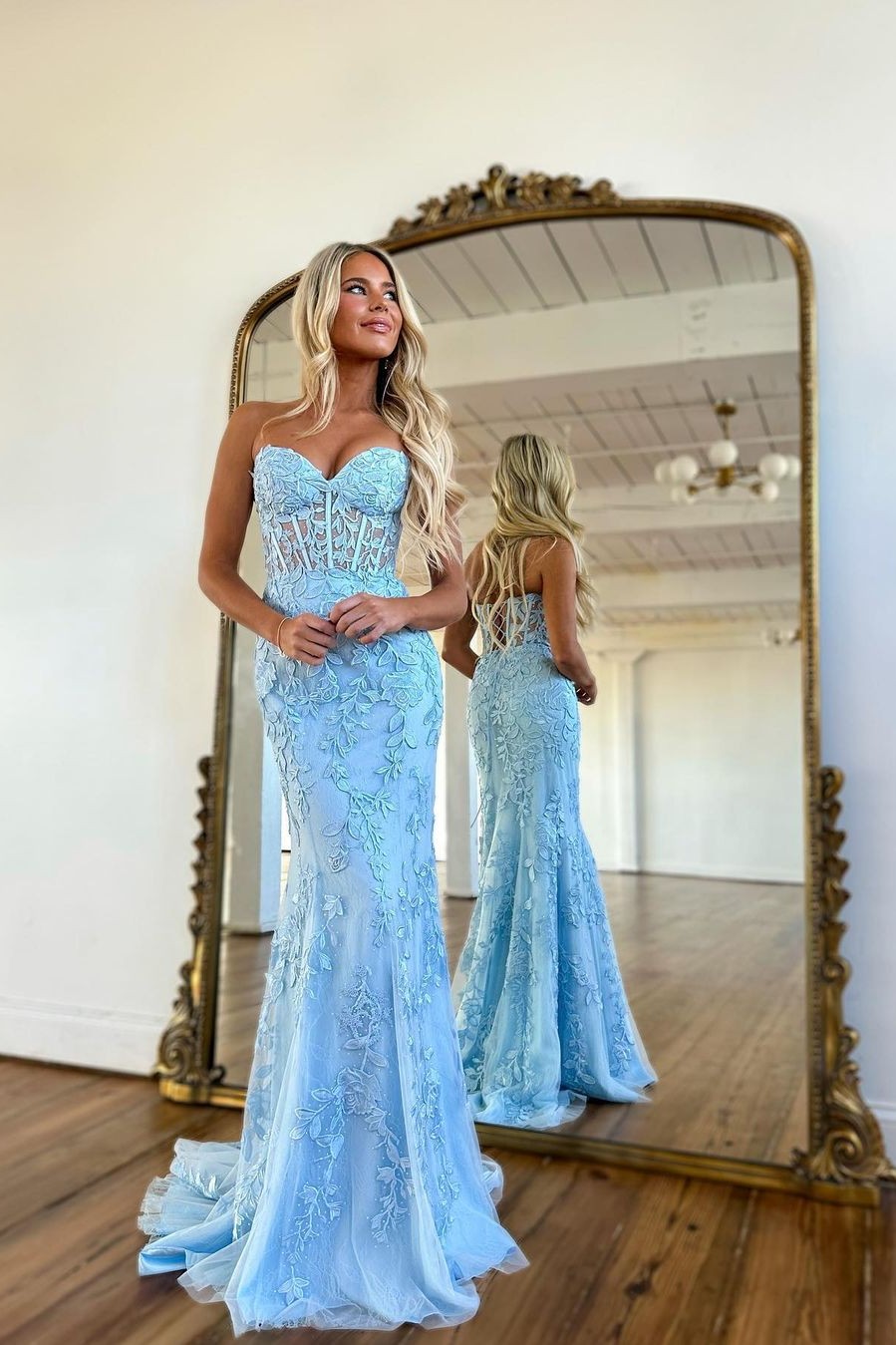 Baby Blue Prom Dress Long With Mermaid Appliques YL0116