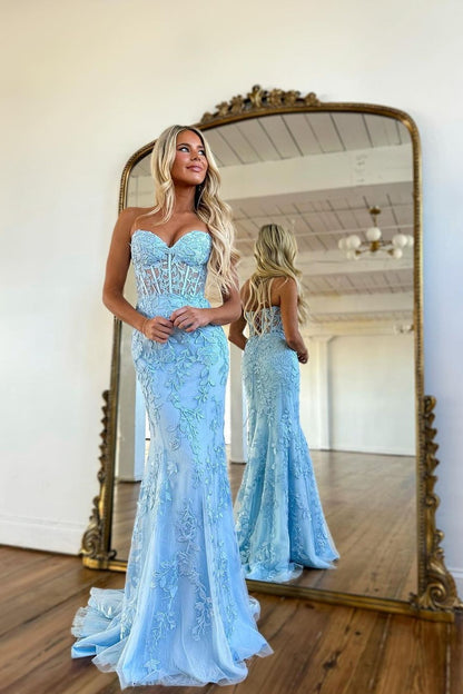 Baby Blue Prom Dress Long With Mermaid Appliques YL0116