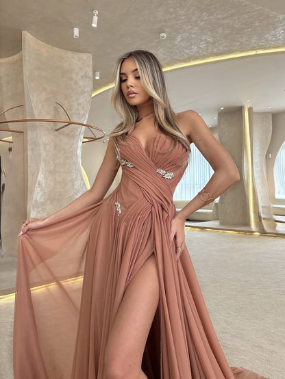 Elegant Chiffon Sweetheart Sleeveless Beaded Split Prom Dress with Scarf | Zelldresses