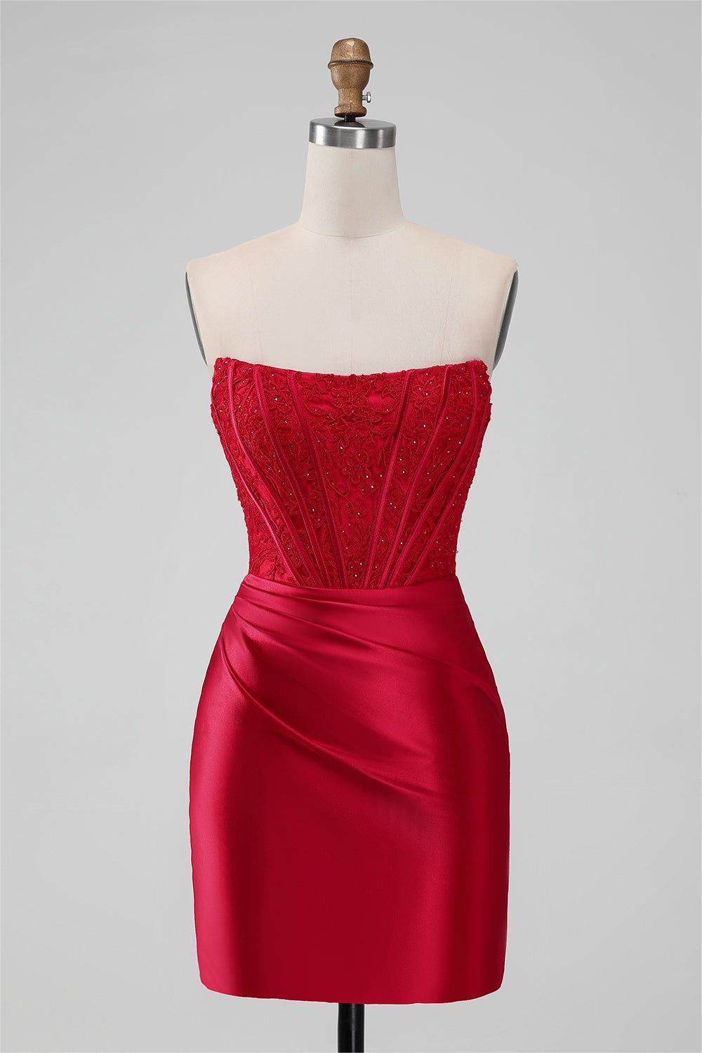 Red Satin Strapless Sleeveless Pleated Short Homecoming Dress with Embroidery HC0005