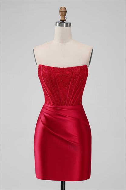 Red Satin Strapless Sleeveless Pleated Short Homecoming Dress with Embroidery HC0005