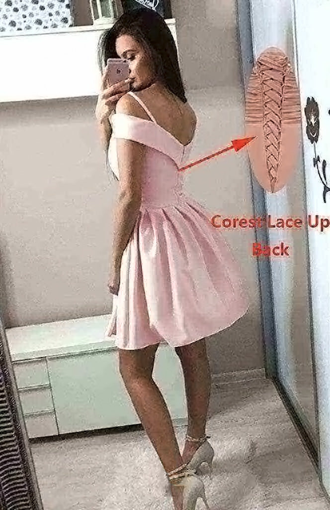 Simple Lilac Satin Spaghetti Strap Off the Shoulder Short Homecoming Dress YMS277