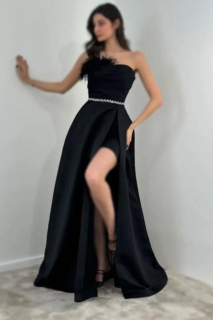 Beautiful Black Satin Sleeveless Strapless Long Split Prom Dress with Feathers | Zelldresses