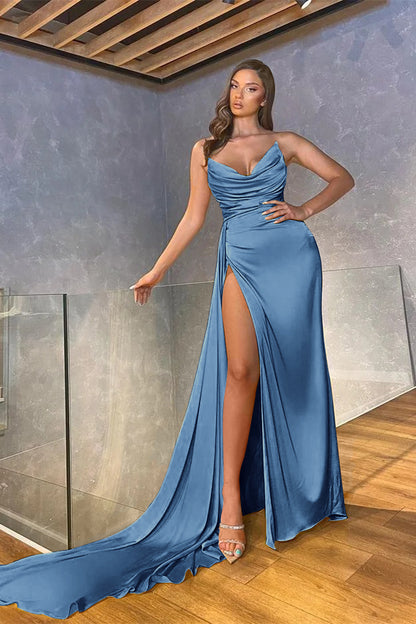 Yellow Satin Strapless Sleeveless Long Mermaid Pleated Split Prom Dress PD0495