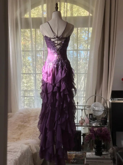 Romantic Purple Ruffle Chiffon Sleeveless Long Elegant Ball Gown Evening Dress Birthday Party Dress gh4270