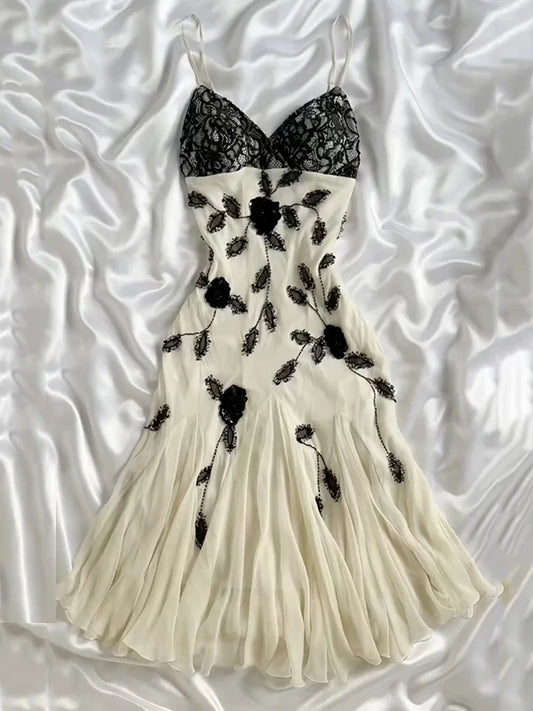 Elegant A Line Spaghetti Strap Black Lace Beaded Ivory Chiffon Party Dress Evening Dress SH2848