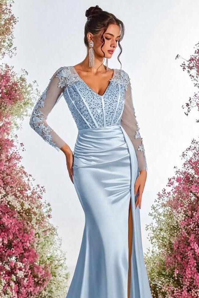 Charming Sky Blue Satin Long Sleeves V Neck Applique Split Prom Dress with Beadings | Zelldresses