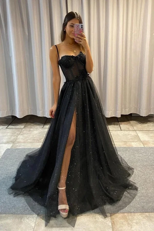 Spaghetti Strap Sleeveless Long Split Prom Dress With Sequins YC0151