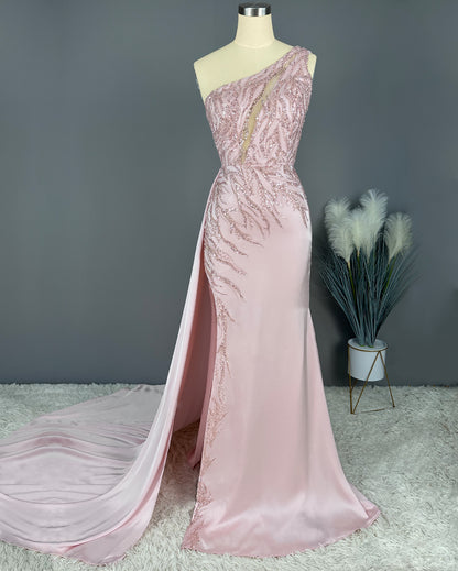 Blushing Pink Prom Dress Long Mermaid Sequins Sleeveless One Shoulder X0026