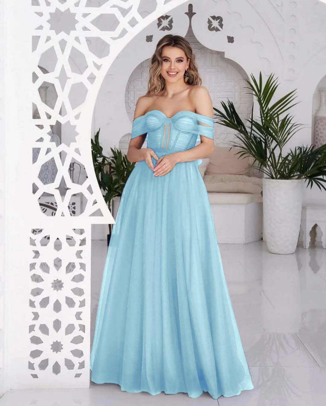 Hellodresses Tulle Off the Shoulder Sweetheart Sleeveless Royal Blue Prom Dress