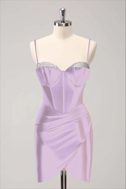 Hellodresses Pink Spaghetti Strap Sleeveless Pleated Short Homecoming Dress With Sequins