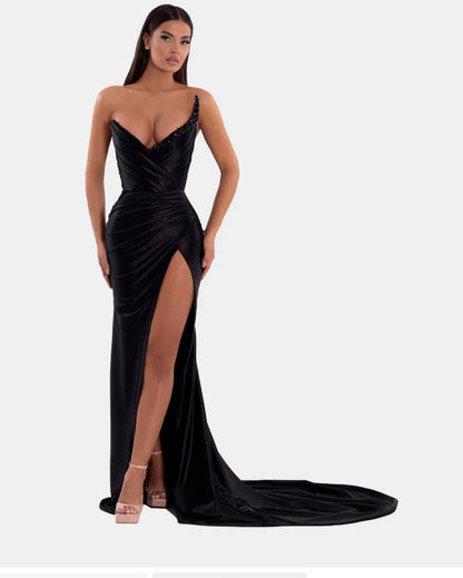 Sexy Royal Blue Prom Dress V Neck With High Slit Pleated Strapless Sleeveless YL0328