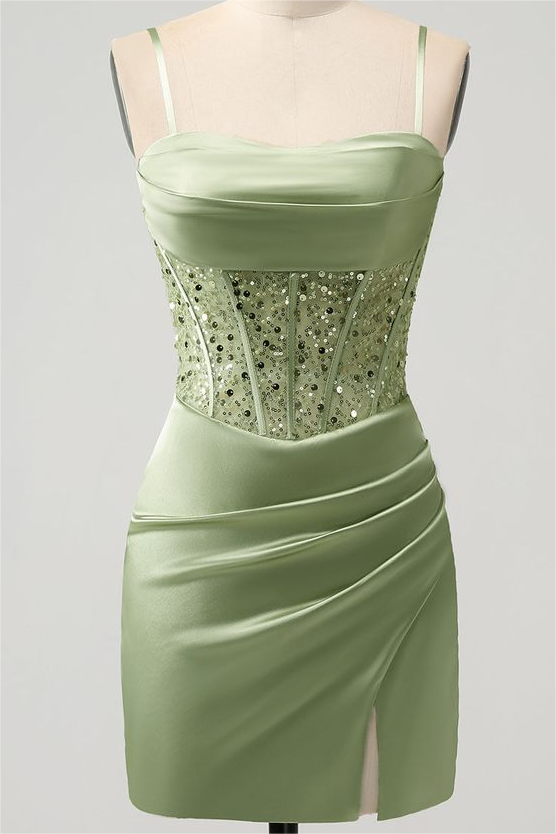 Sage Green Satin Spaghetti Strap Pleated Split Homecoming Dress with Beadings HC0030