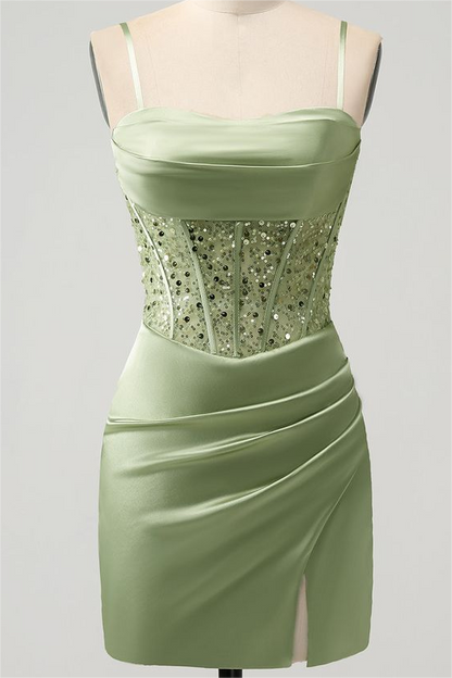 Sage Green Satin Spaghetti Strap Pleated Split Homecoming Dress with Beadings HC0030