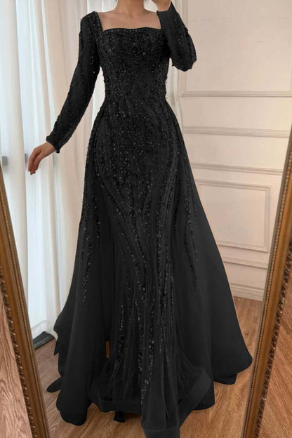 Square Neck Long Sleeves Long Mermaid Prom Dress With Beading Tulle WQ0442