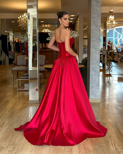 Glamorous Red Satin Sweetheart Sleeveless Split Prom Dress with Pleated | Zelldresses
