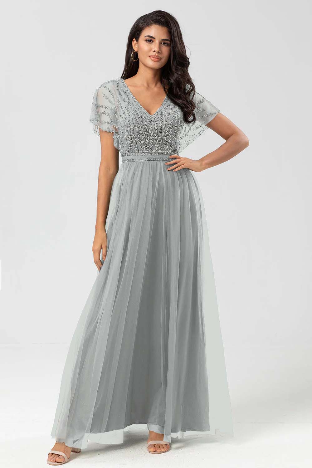 Green V Neck A Line Ankle Length Bridesmaid Dress with Lace YU0058