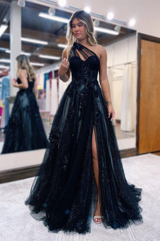 Elegant Black One Shoulder Split Prom Dress Applique | Zelldresses