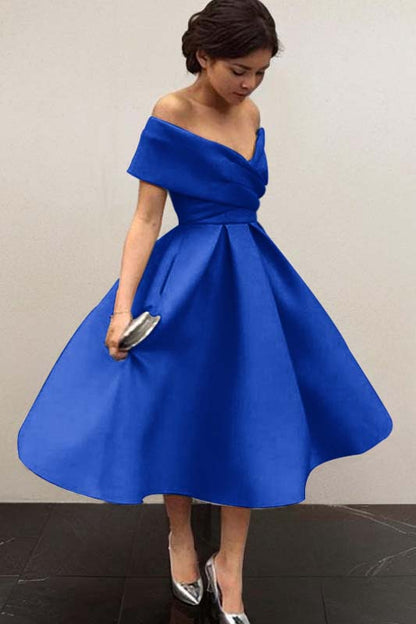 Sky Blue Satin V Neck Off the Shoulder Sleeveless A Line Homecoming Dress HC0043