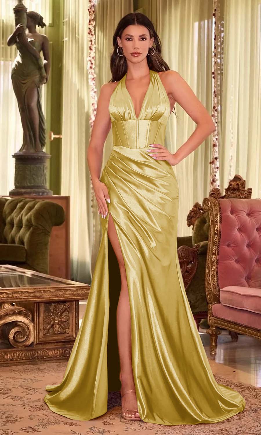 Halter Neck Sleeveless Long Mermaid Split Prom Dress With Pleated LY0640