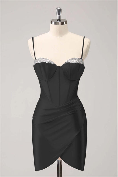 Hellodresses Pink Spaghetti Strap Sleeveless Pleated Short Homecoming Dress With Sequins