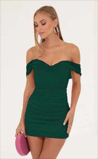 Tight Pink Sequins Off the Shoulder Strapless Pleated Short Homecoming Dress HC0010