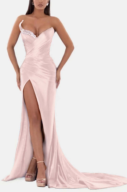 Sexy Blue Prom Dress V Neck With High Slit Pleated Strapless Sleeveless YL0328