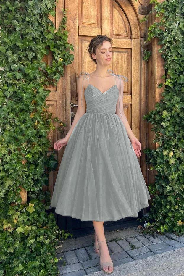 Hellodresses Chic Blue Tulle Spaghetti Strap Sleeveless V Neck A Line Homecoming Dress