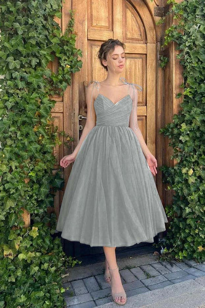 Hellodresses Chic Blue Tulle Spaghetti Strap Sleeveless V Neck A Line Homecoming Dress