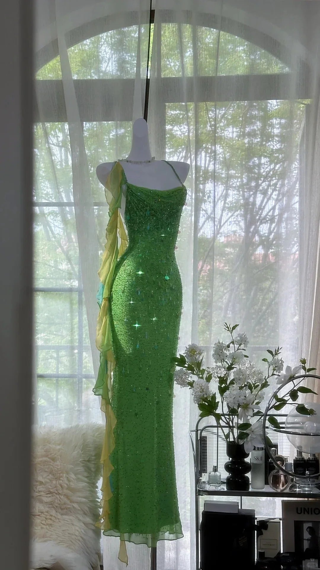 Shiny Sheath Spaghetti Strap Sequin Beaded Green Chiffon Open Back Party Dress Evening Dress SH2874