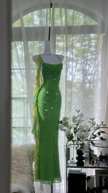 Shiny Sheath Spaghetti Strap Sequin Beaded Green Chiffon Open Back Party Dress Evening Dress SH2874