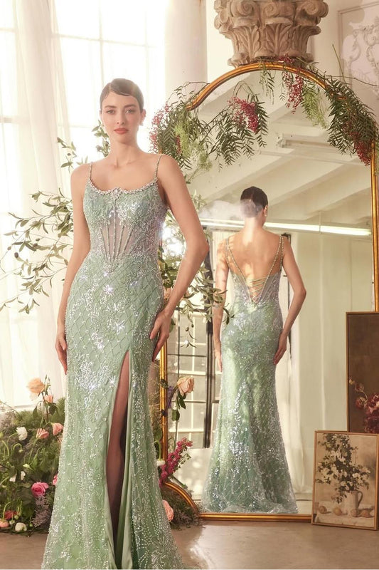 Beautiful Dusty Sage Sequins Spaghetti Strap Sleeveless Split Prom Dress with Beadings | Zelldresses