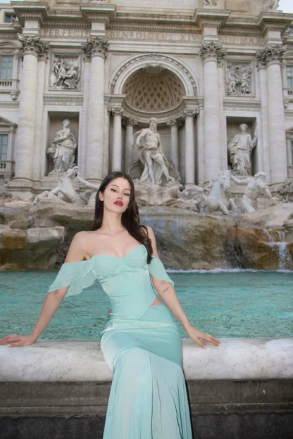 Gentle Mermaid Off the Shoulder Two Piece Chiffon Satin Party Dress Evening Dress SH2862