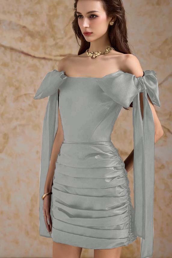 Off the Shoulder Sleeveless Short Homecoming Dress With Bowknot Pleated HC0188