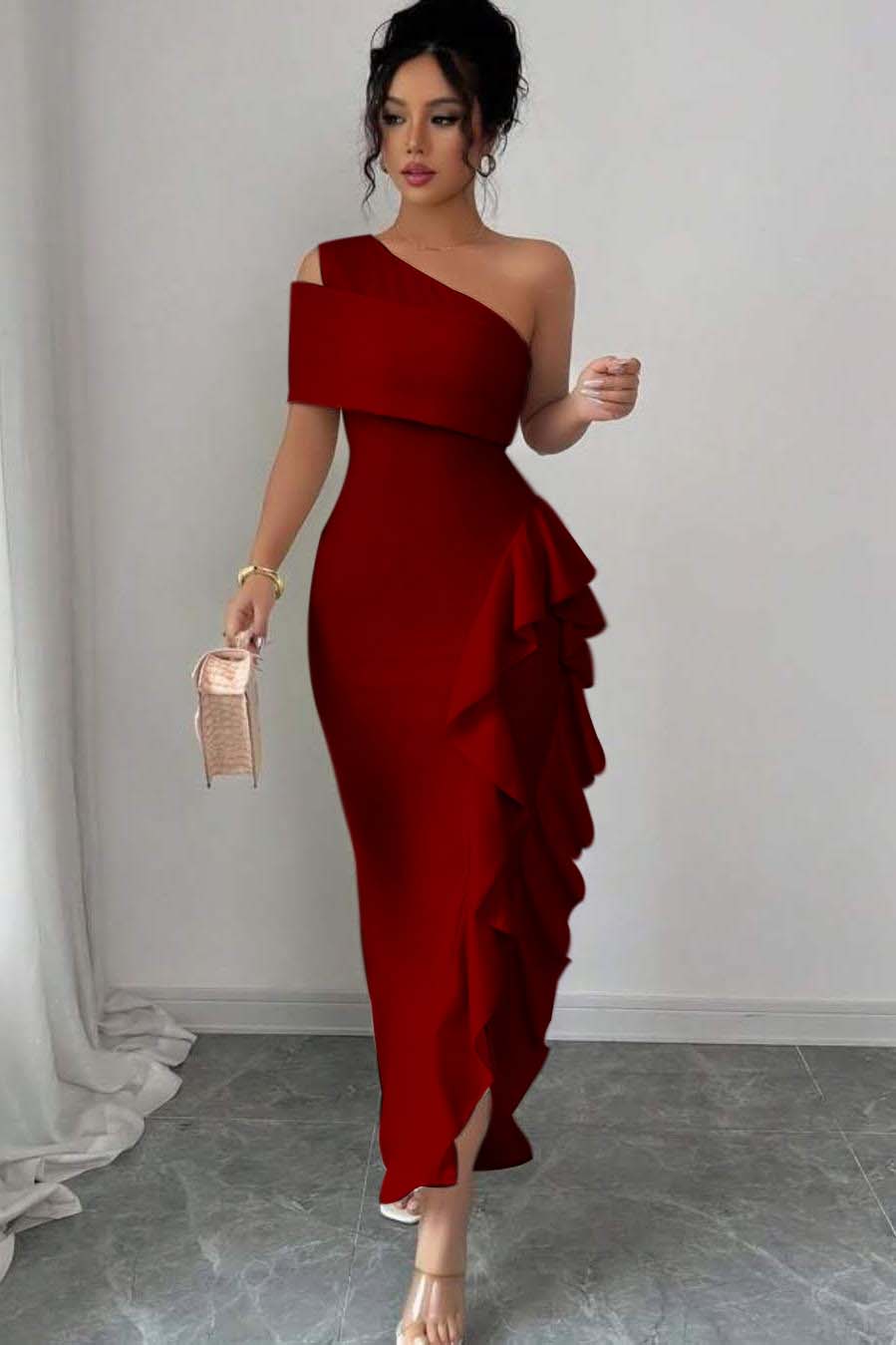 One Shoulder Sleeveless Long Split Prom Dress With Pleated Ruffles XJ0748