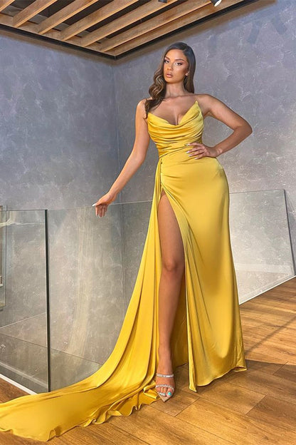 Yellow Satin Strapless Sleeveless Long Mermaid Pleated Split Prom Dress PD0495