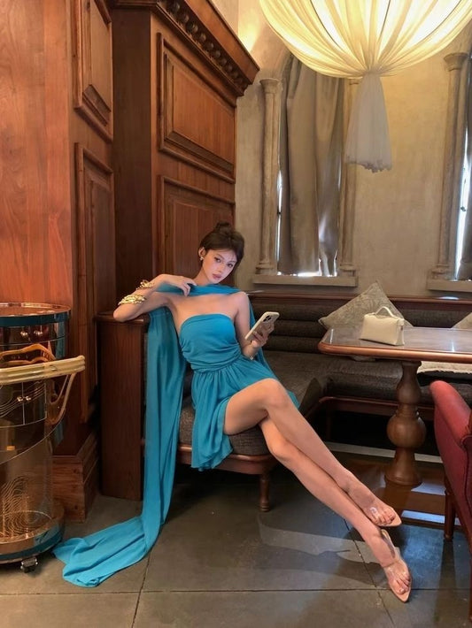 Blue A Line Strapless Chiffon Short Birthday Dress Homecoming Dress SH2868