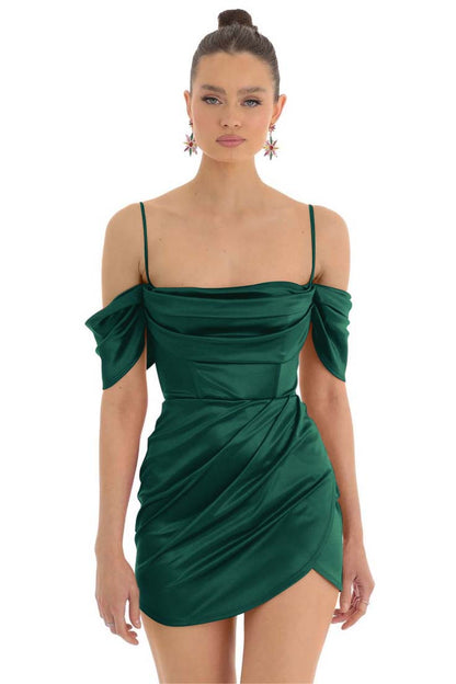 Hellodresses Simple Fuchsia Satin Spaghetti Strap Off the Shoulder Pleated Short Homecoming Dress