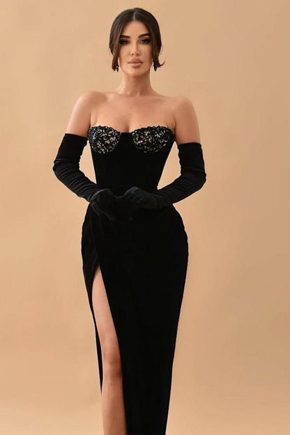 Charming Black Velvet Strapless Sweetheart Long Split Prom Dress with Gloves | Zelldresses