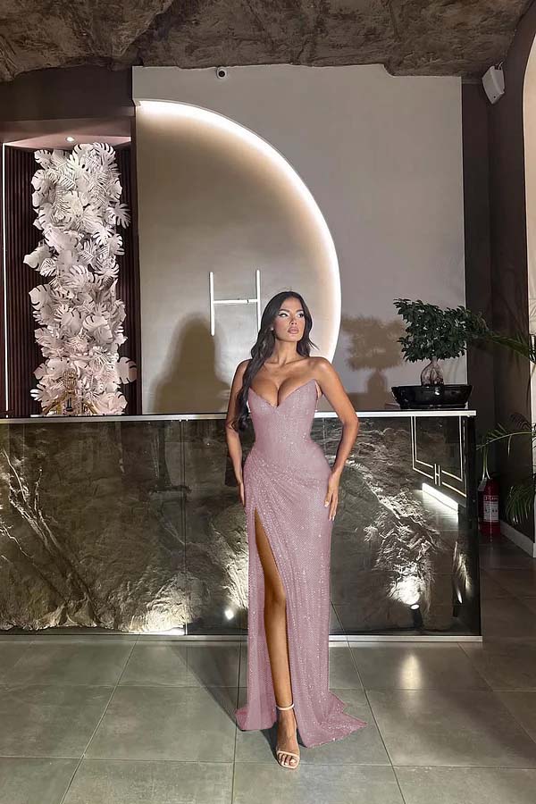 Sequin Strapless Sleeveless Long Split Prom Dress With Pleated ZT0524