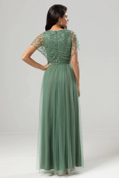Green V Neck A Line Ankle Length Bridesmaid Dress with Lace YU0058