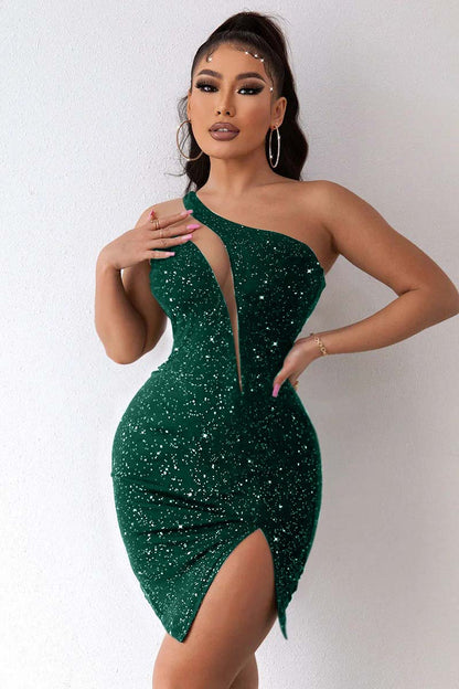 Hellodresses Black One Shoulder Sleeveless Short Homecoming Dress Sequins With Split