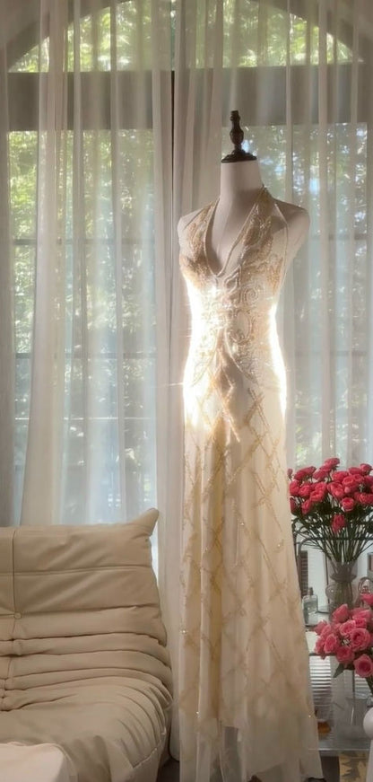 Elegant Sheath Halter Beaded Ivory Chiffon Open Back Party Dress Evening Dress SH2959