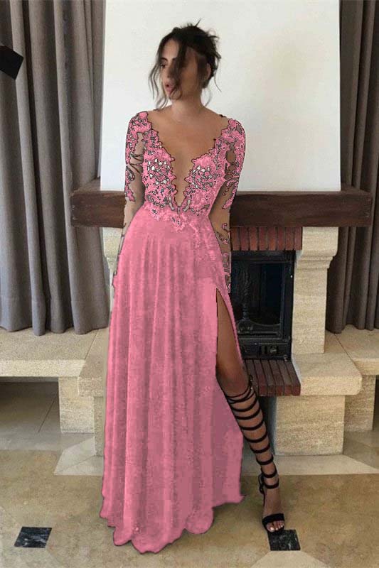 Black Long Sleeves Evening Dress Split PD0254